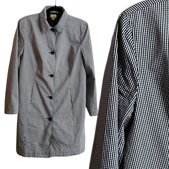 Caslon Women's Black White Gingham Button Up Lined Rain Jacket Coat Size M - Picture 1 of 13